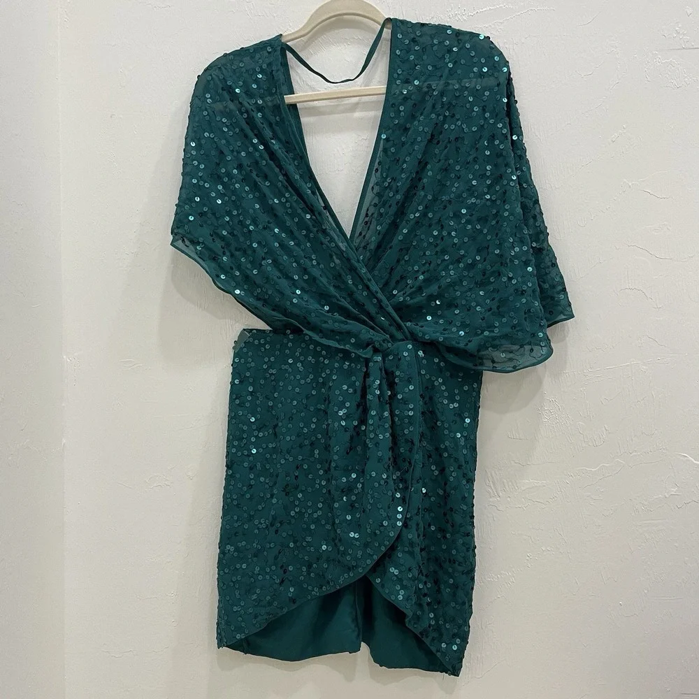 ASOS Sequin Mini Dress Women‎ Size 4 Teal Excellent Deep V-Neck Wrap Cocktail